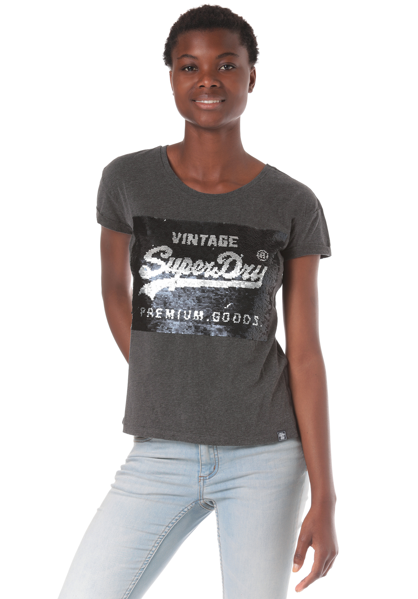 Superdry Premium Sequin Slim Bf T-Shirt holzkohle-mergel XXL