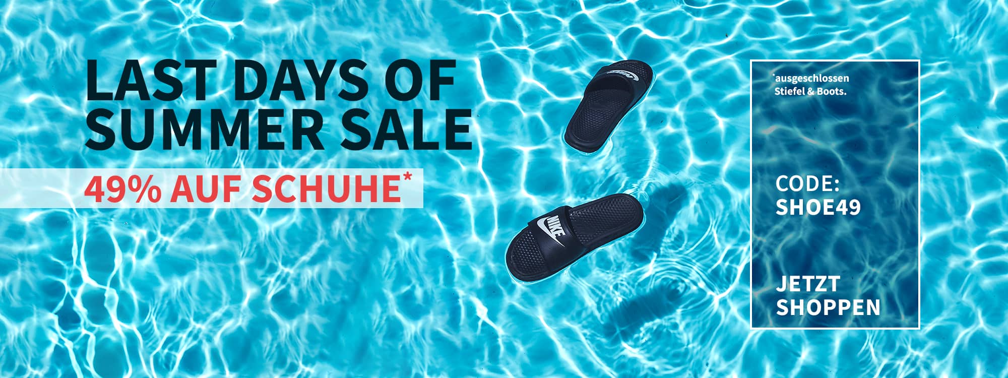 Summer Sale Desktop-Banner für Schuhe, mit zwei auf Wasser schwimmenden Badelatschen